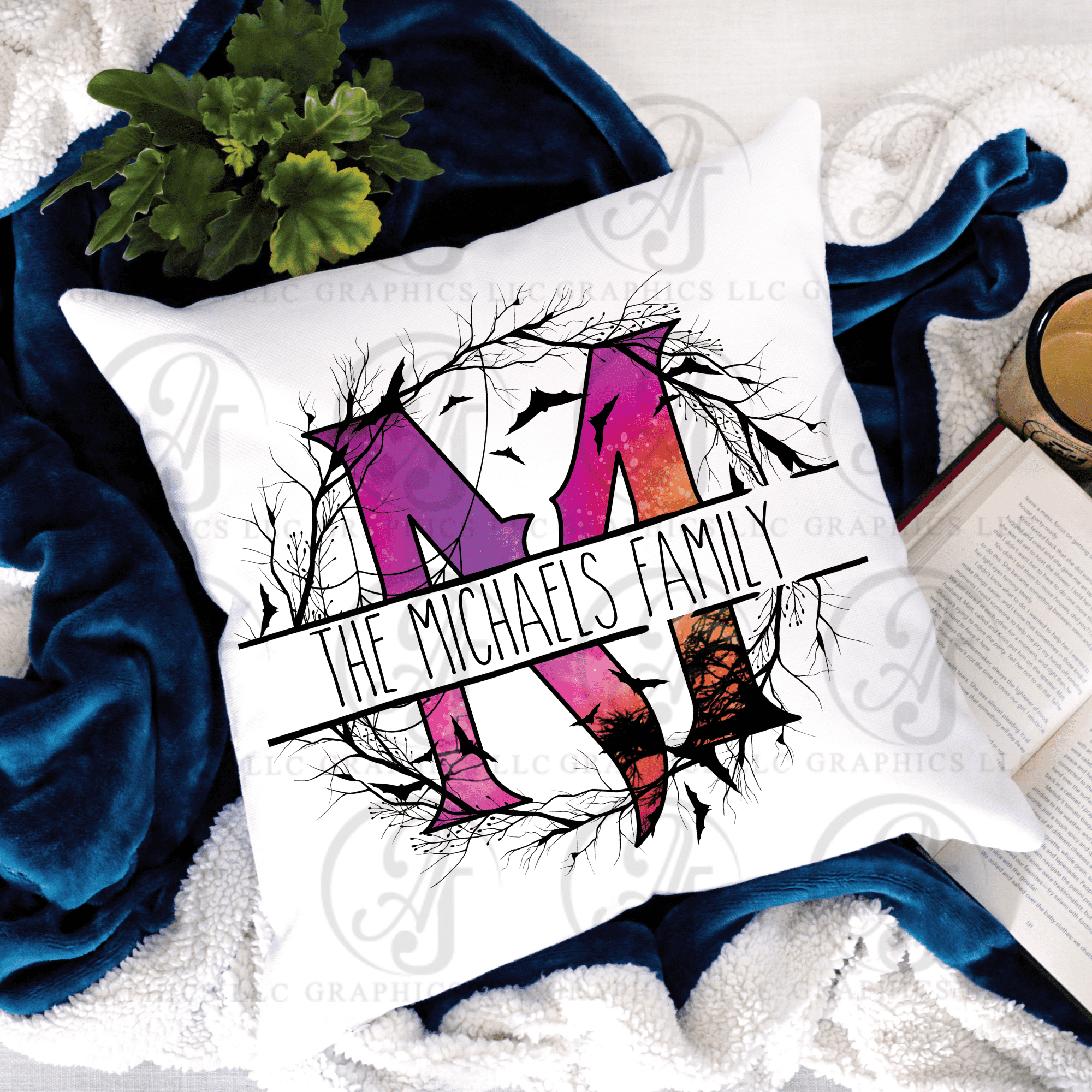Bat Branch Halloween Split Monogram Pillow