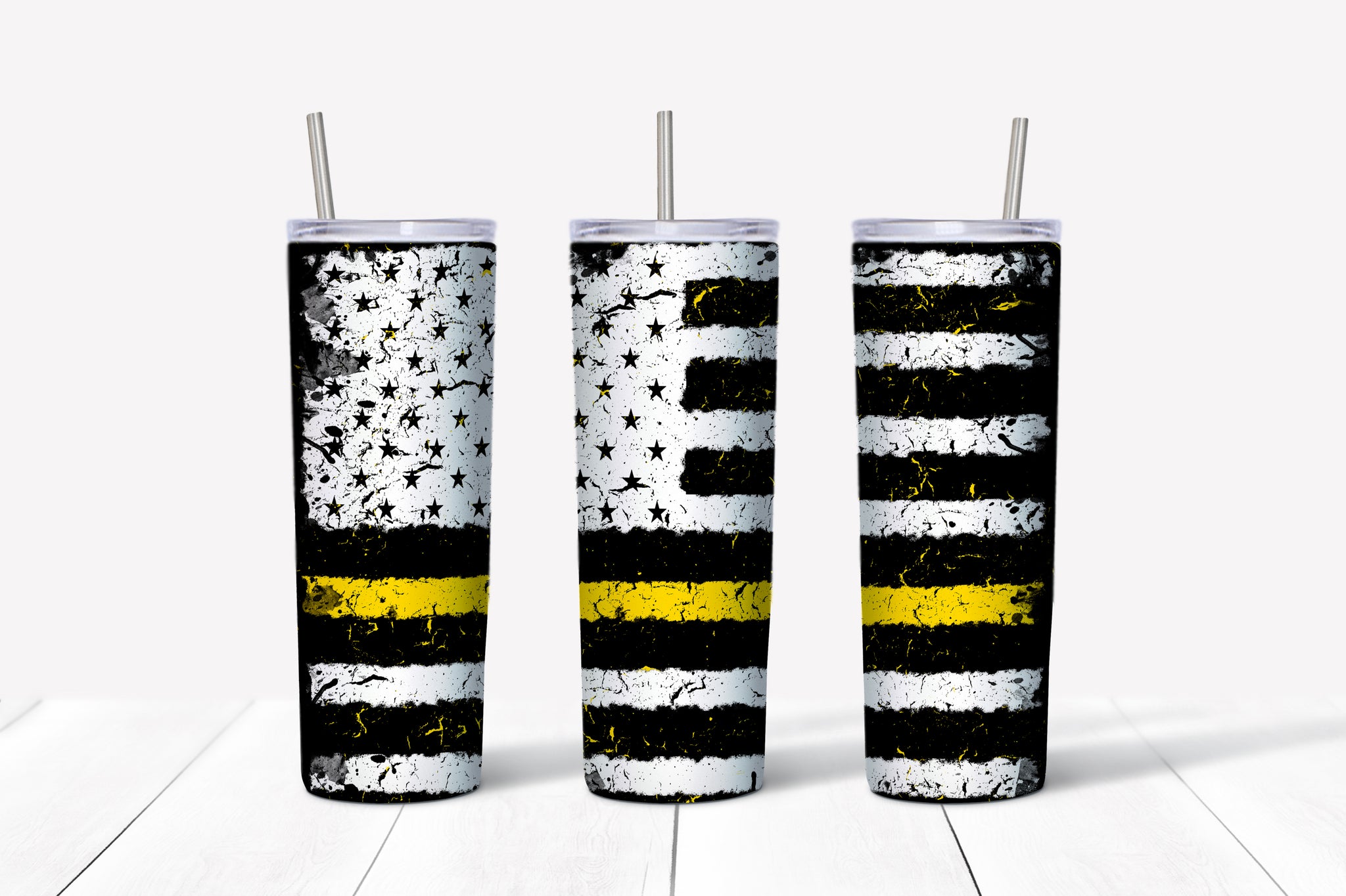 Distressed American Flag - Thin Yellow Line Tumbler