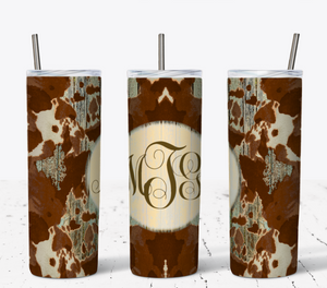 Distressed Cowhide n Wood Monogram 20oz Tumbler