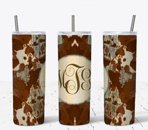 Distressed Cowhide n Wood Monogram 20oz Tumbler