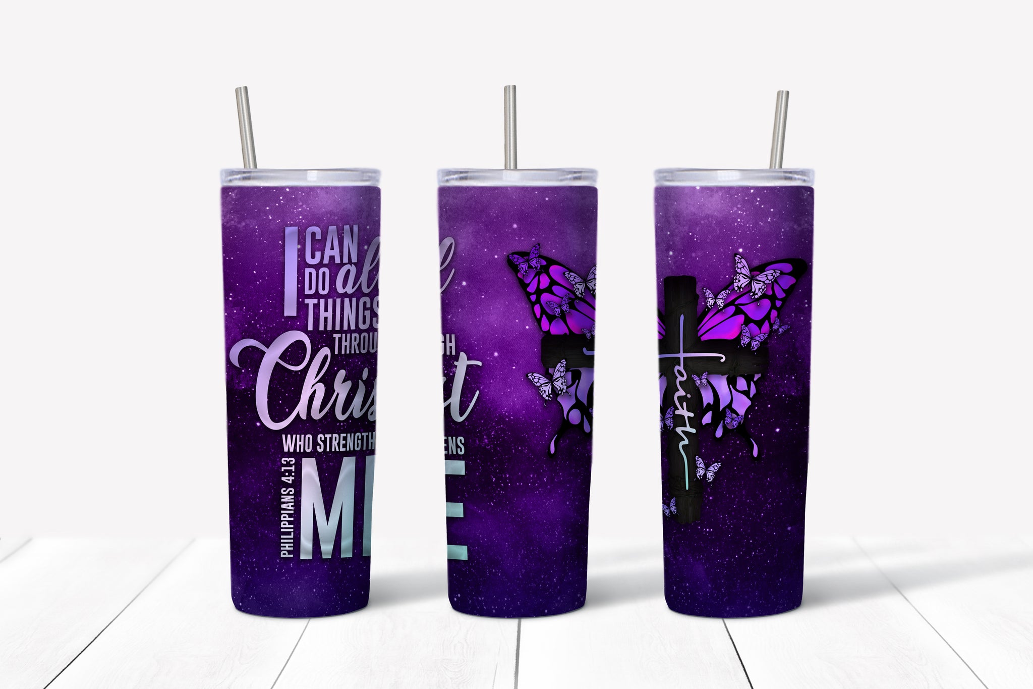 Galaxy Faith Butterflies - Philippians 4:13 20oz Tumbler
