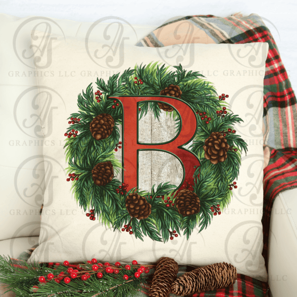 Pine Cone Wreath Monogram Pillow
