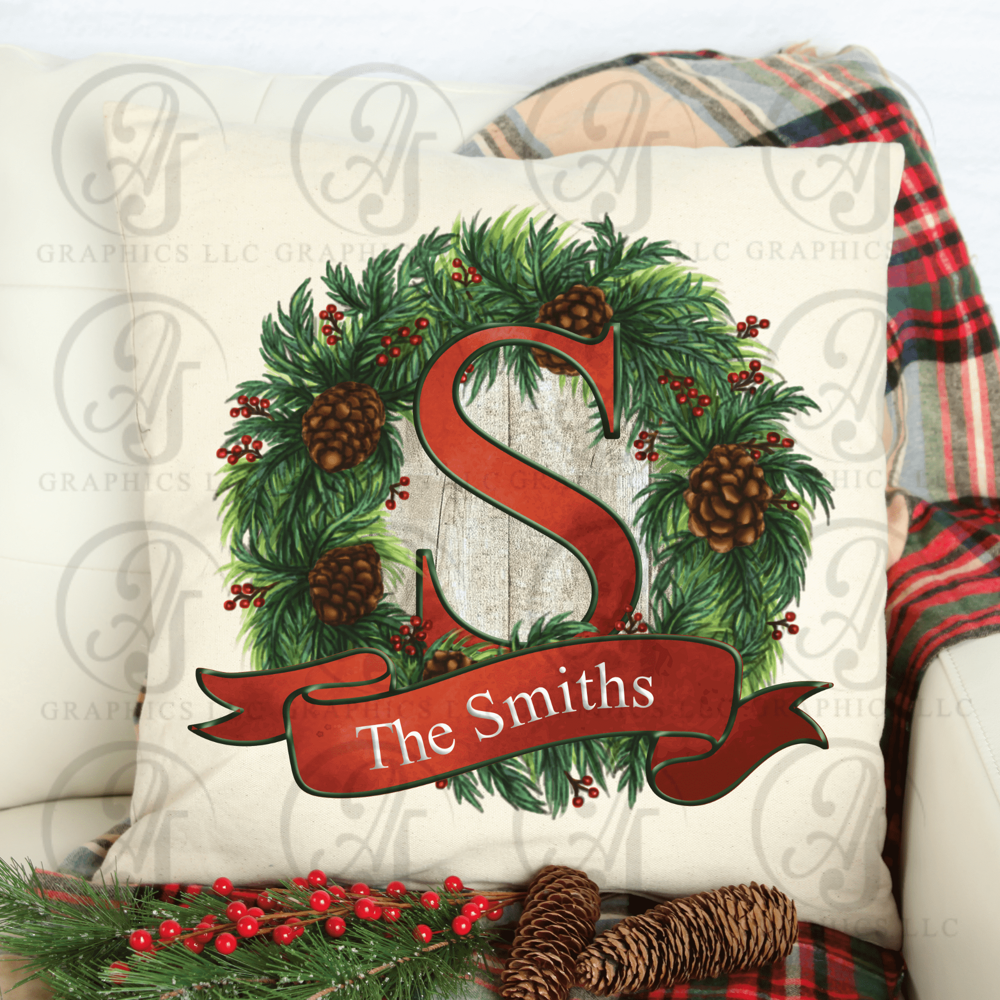 Pine Cone Wreath Monogram Pillow