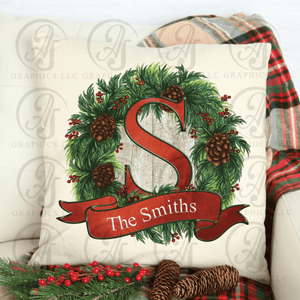 Pine Cone Wreath Monogram Pillow