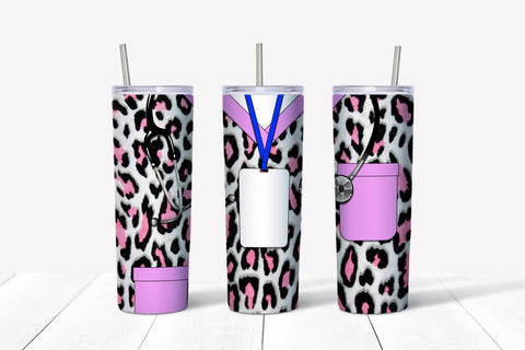Pink Cheetah Scrubs - Name Badge Tumbler