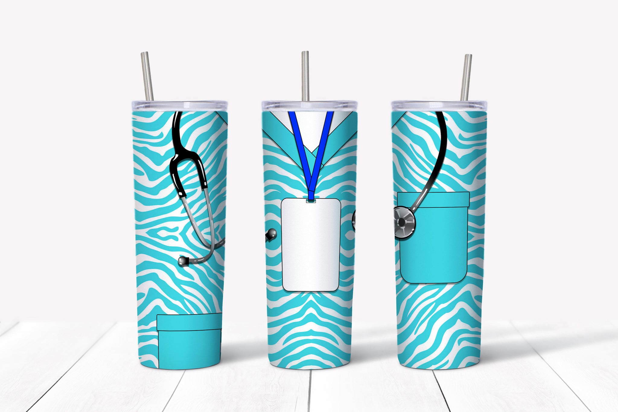 Turquoise Zebra Scrubs - Name Badge Tumbler