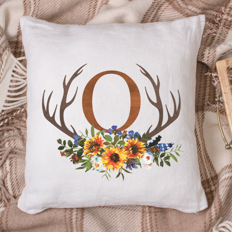 Watercolor Antler Fall Flowers Monogram Pillow