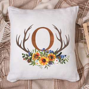 Watercolor Antler Fall Flowers Monogram Pillow