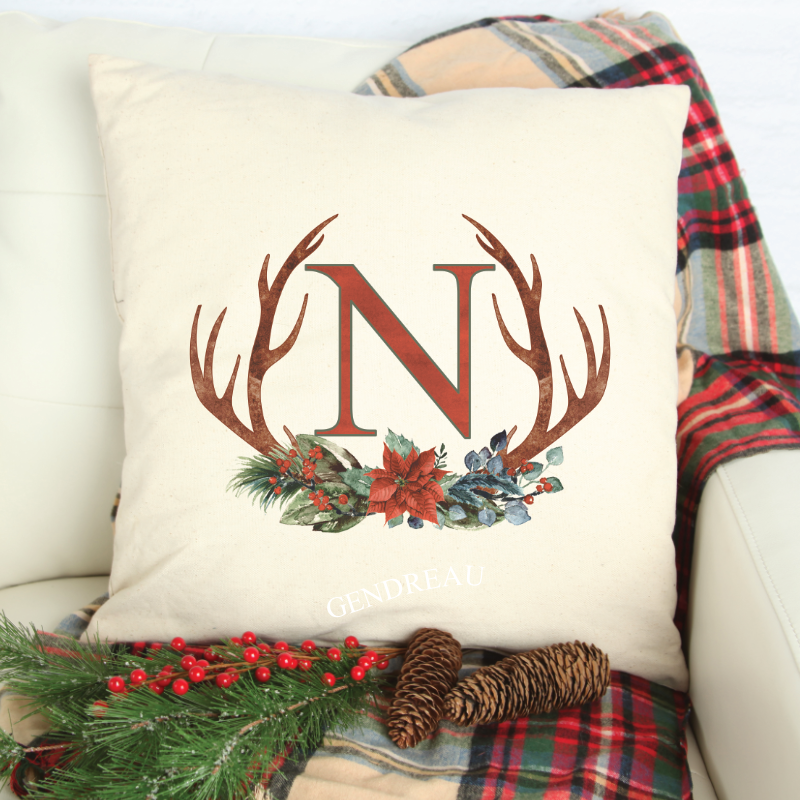 Watercolor Antler Christmas Flowers Monogram Pillow